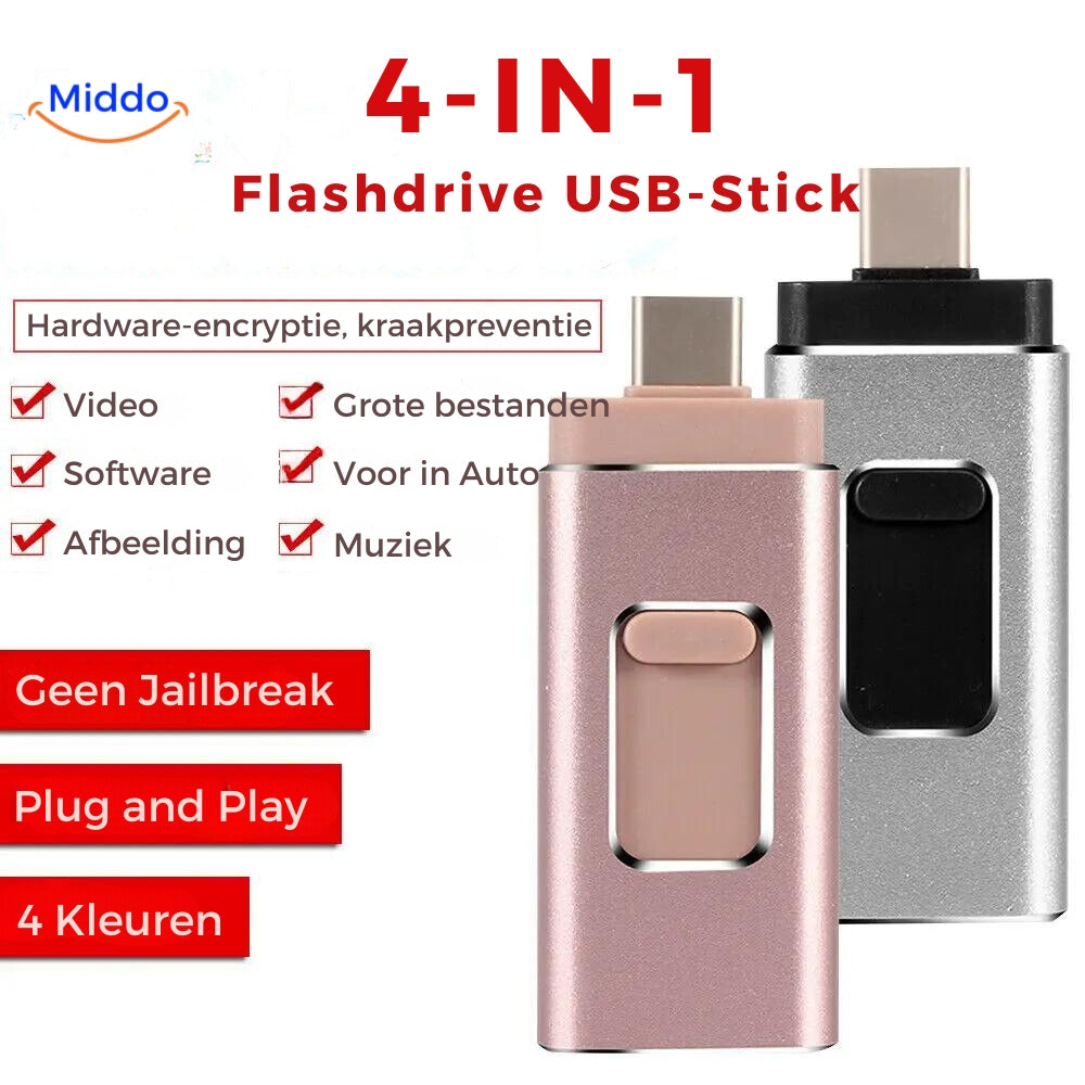 Nooit meer een Volle Mobiel met onze 4 in 1 Flashdrive. Deze past op Elk Apparaat!