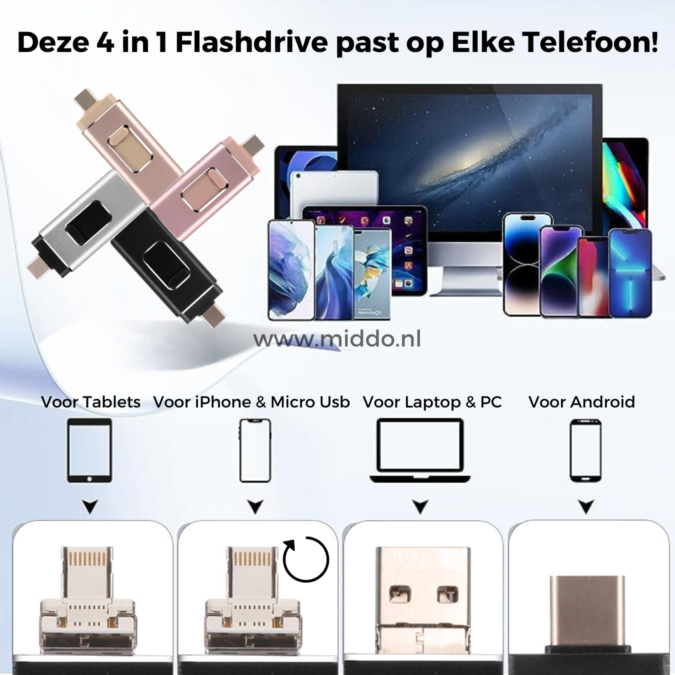 Nooit meer een Volle Mobiel met onze 4 in 1 Flashdrive. Deze past op Elk Apparaat!