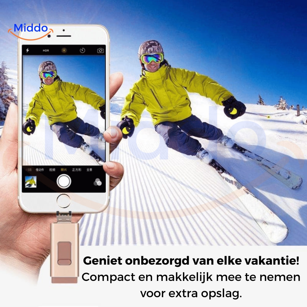 Nooit meer een Volle Mobiel met onze 4 in 1 Flashdrive. Deze past op Elk Apparaat!