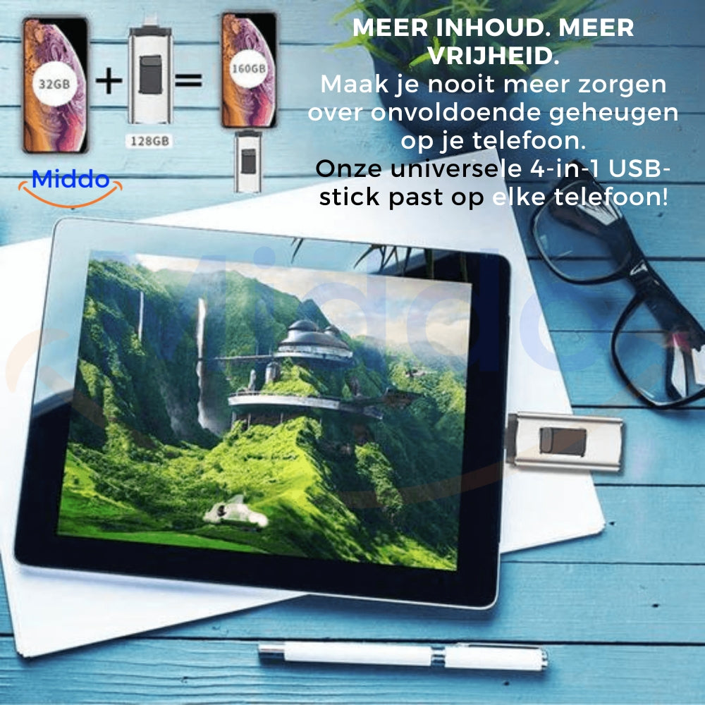 Nooit meer een Volle Mobiel met onze 4 in 1 Flashdrive. Deze past op Elk Apparaat!
