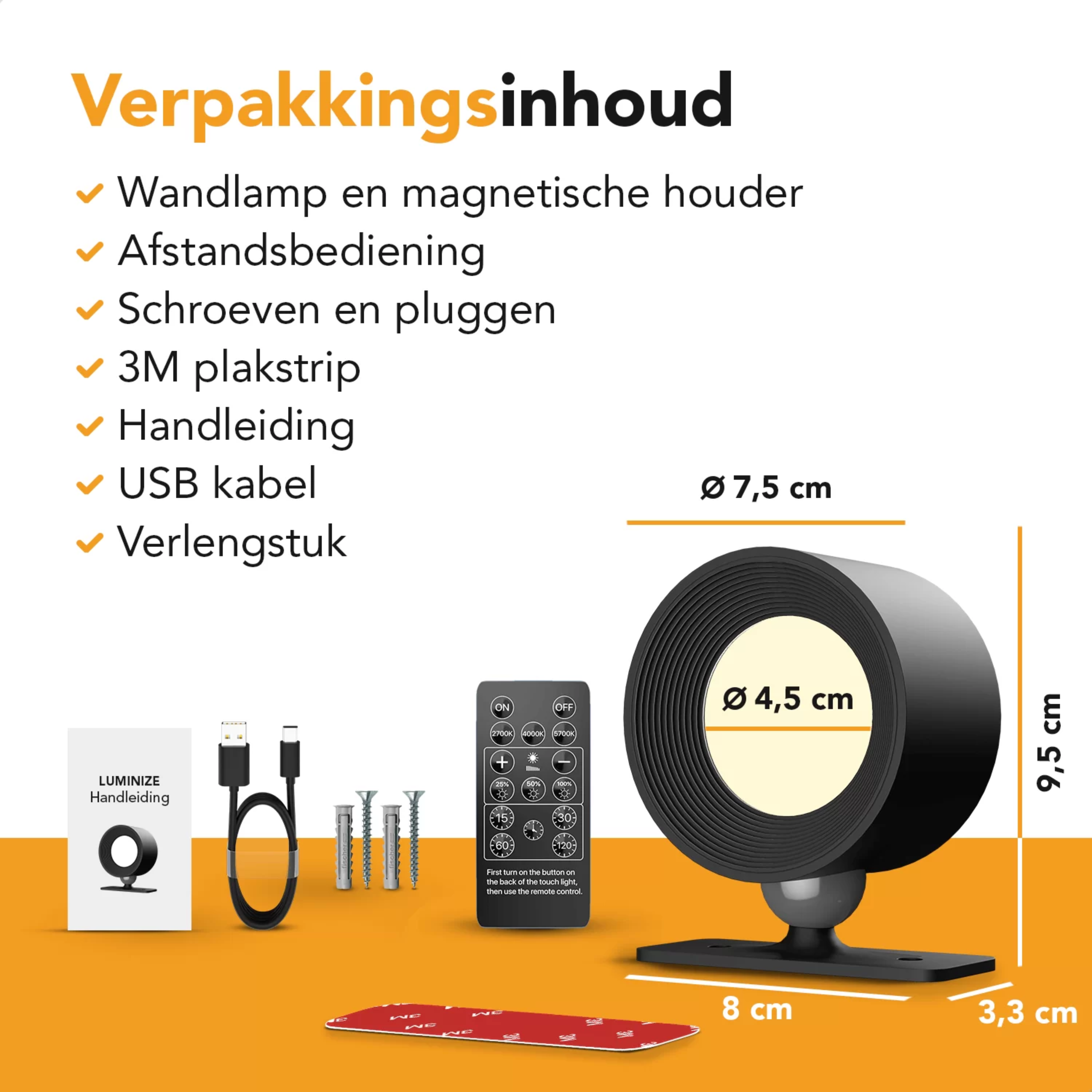 Ronde wandlamp – oplaadbaar met afstandsbediening | ACTIE: 1+1 gratis!